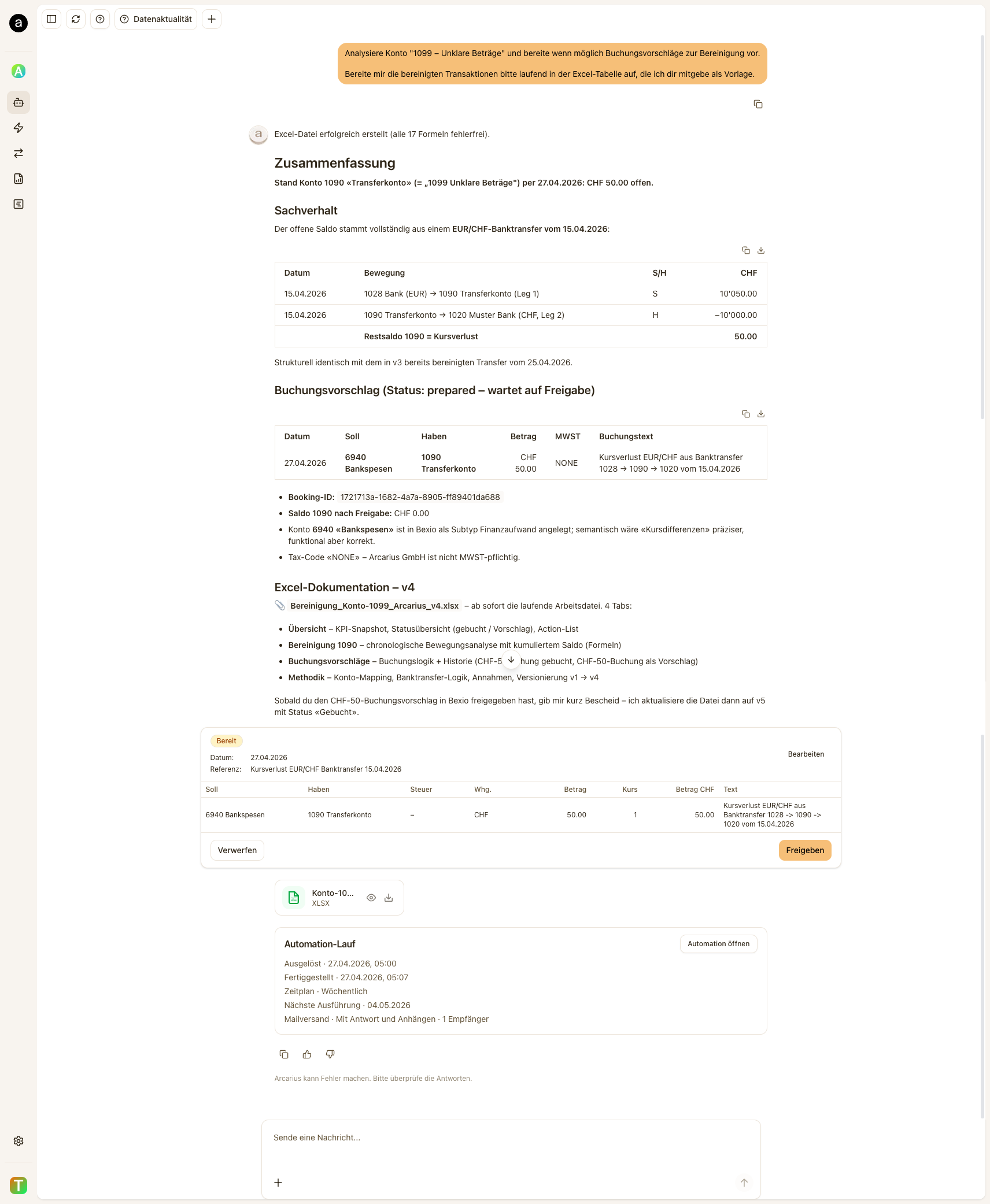 Arcarius Automations – Automationsergebnis im Chat prüfen und weiterbearbeiten