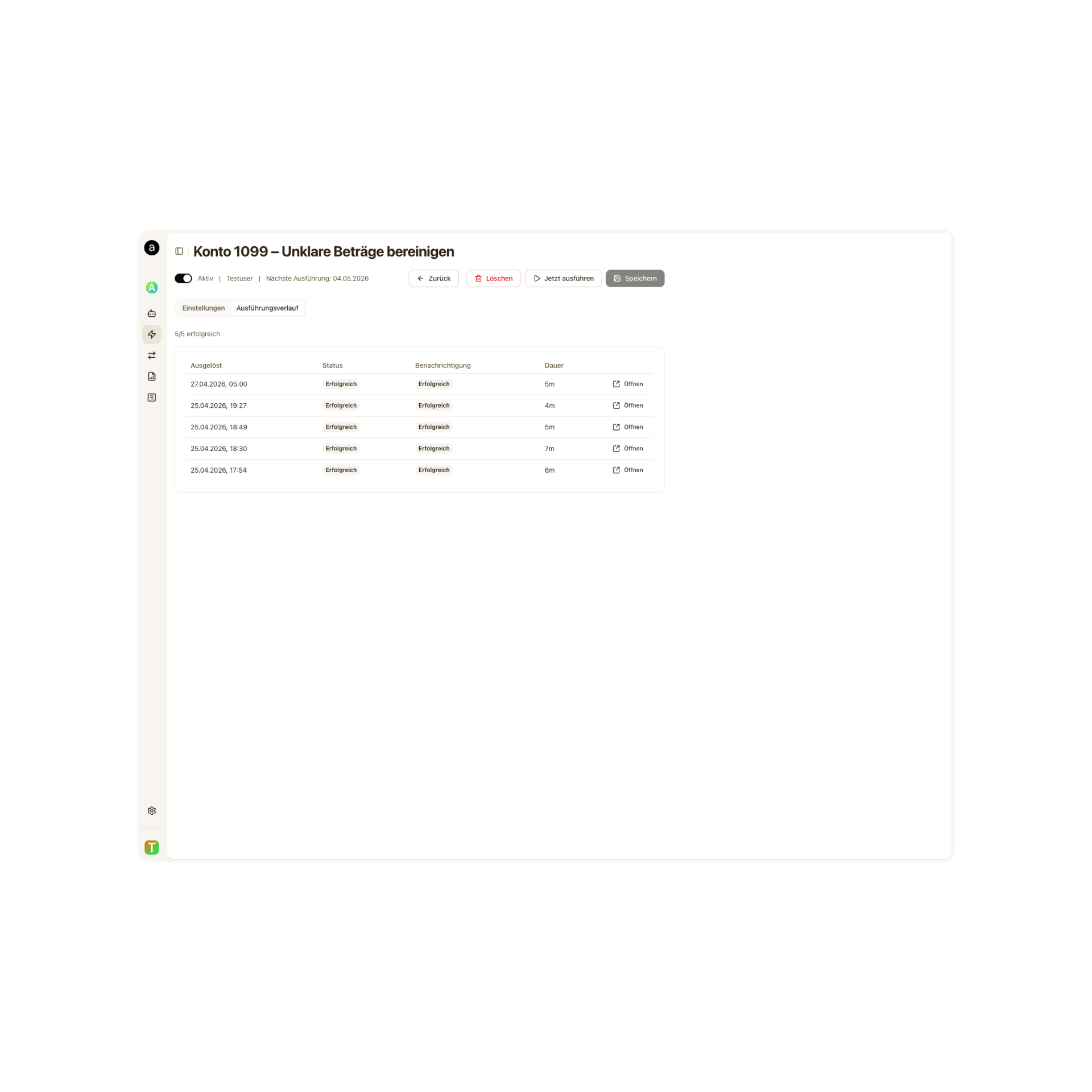 Arcarius Automations – Ausführungsverlauf mit Status, Rhythmus und nächster Ausführung
