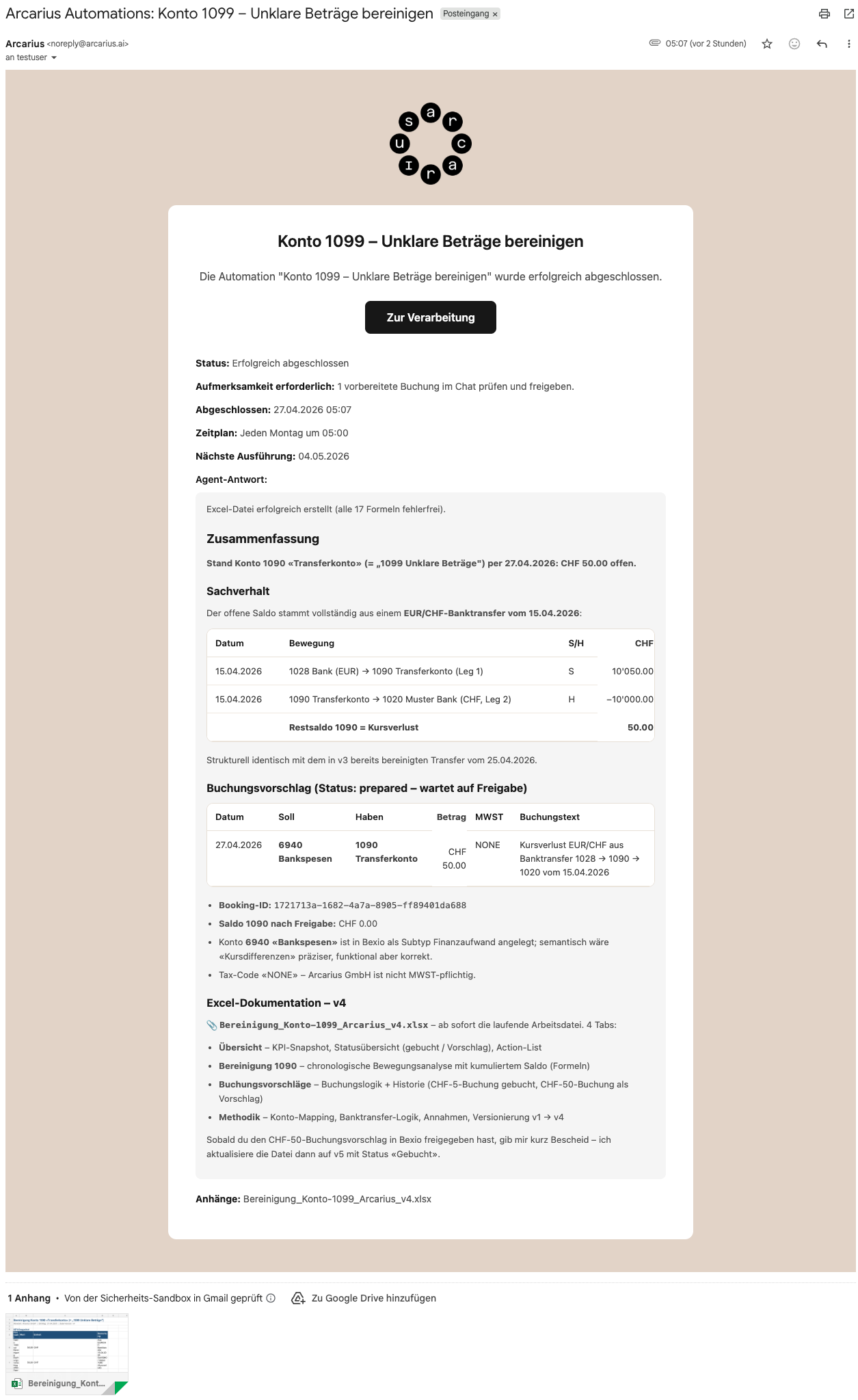 Arcarius Automations – E-Mail-Benachrichtigung nach abgeschlossenem Lauf
