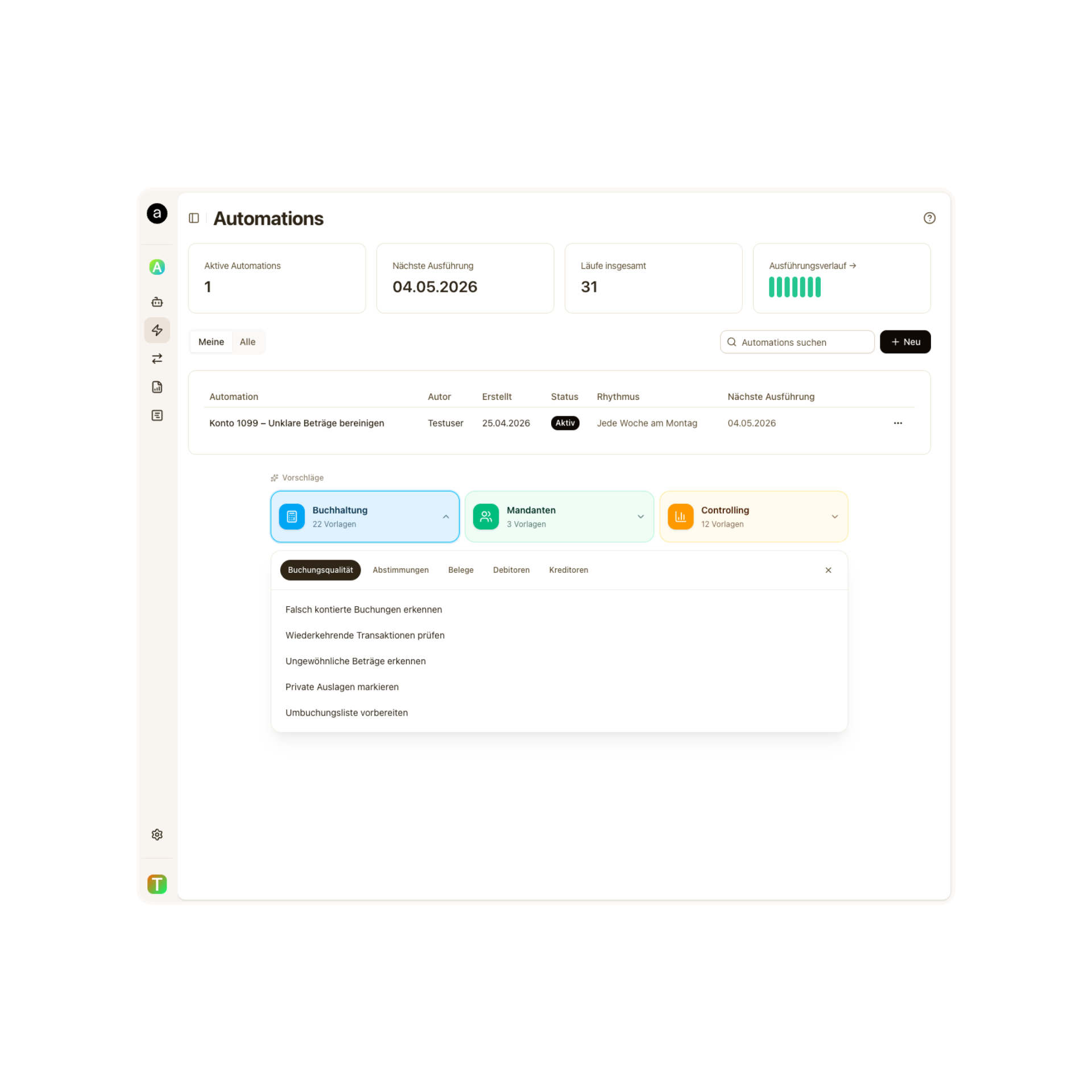 Arcarius Automations – Modulübersicht mit aktiven Automations und nächsten Ausführungen