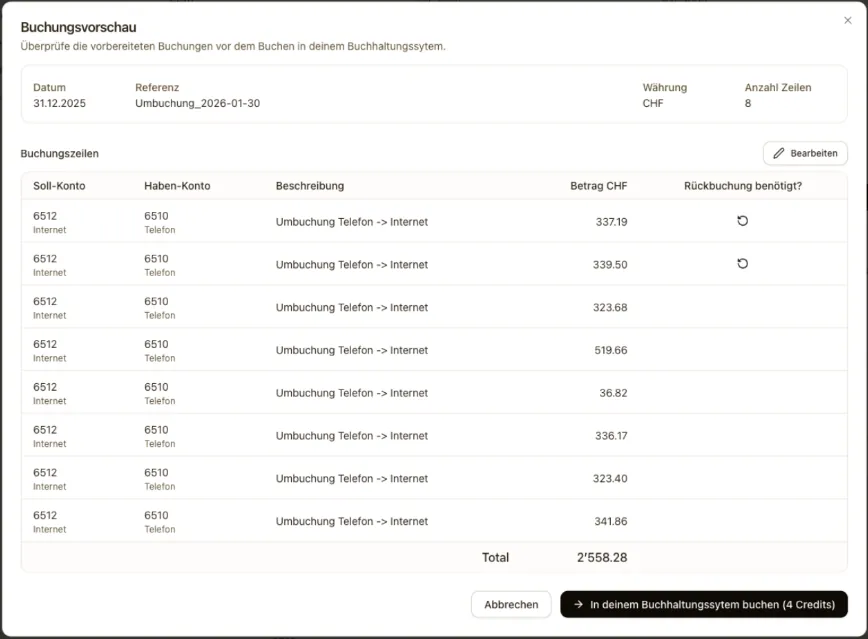 Arcarius Rebooking – Übersicht der Korrekturbuchungen