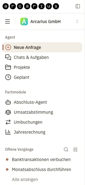 Arcarius App: Sidebar-Navigation mit Fachmodulen und offenen Vorgängen