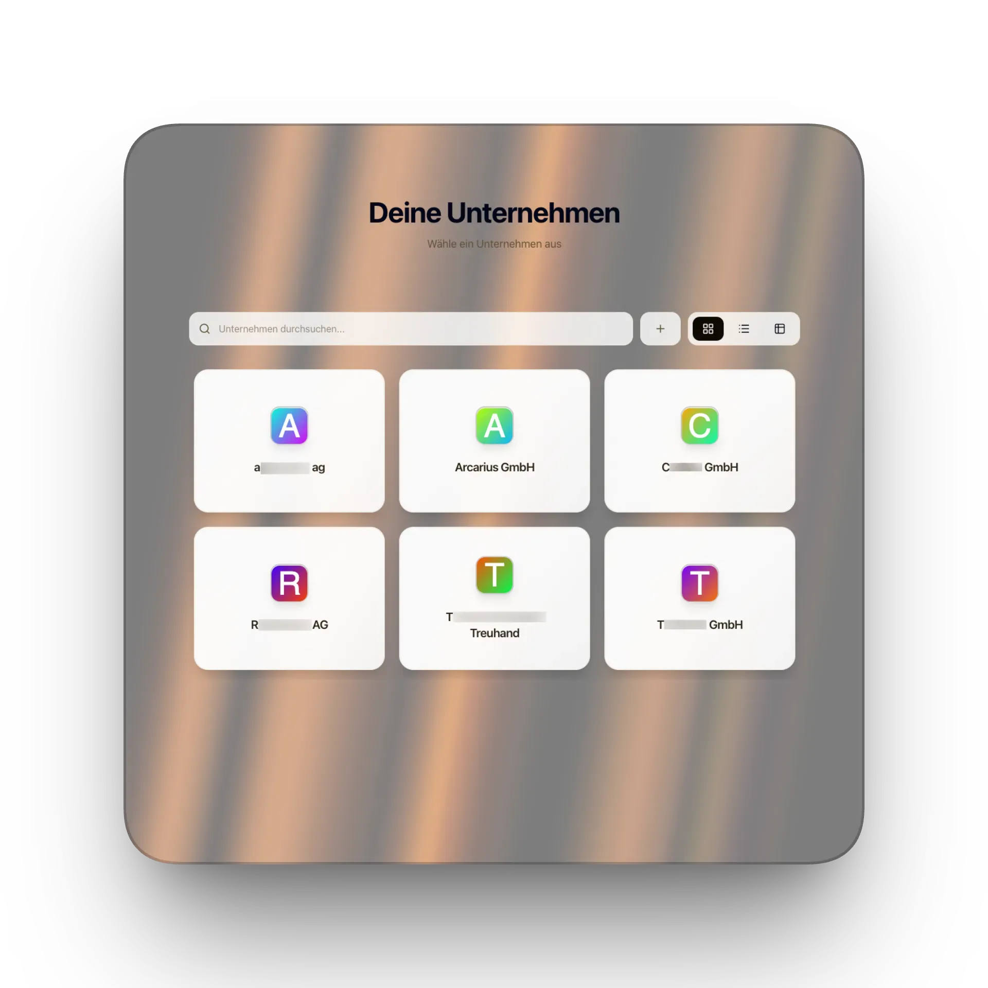 Arcarius Dashboard mit Unternehmen