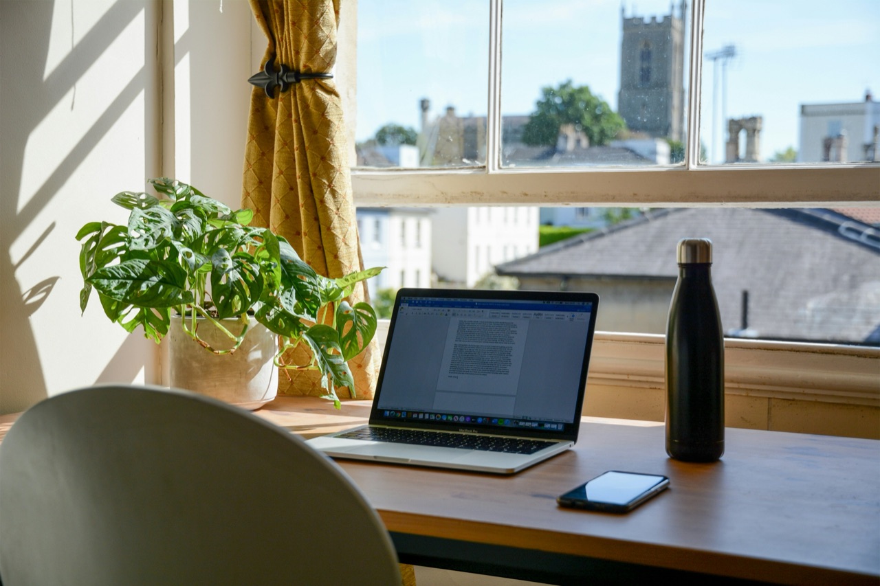 Arbeitsplatz mit Laptop und Pflanze
