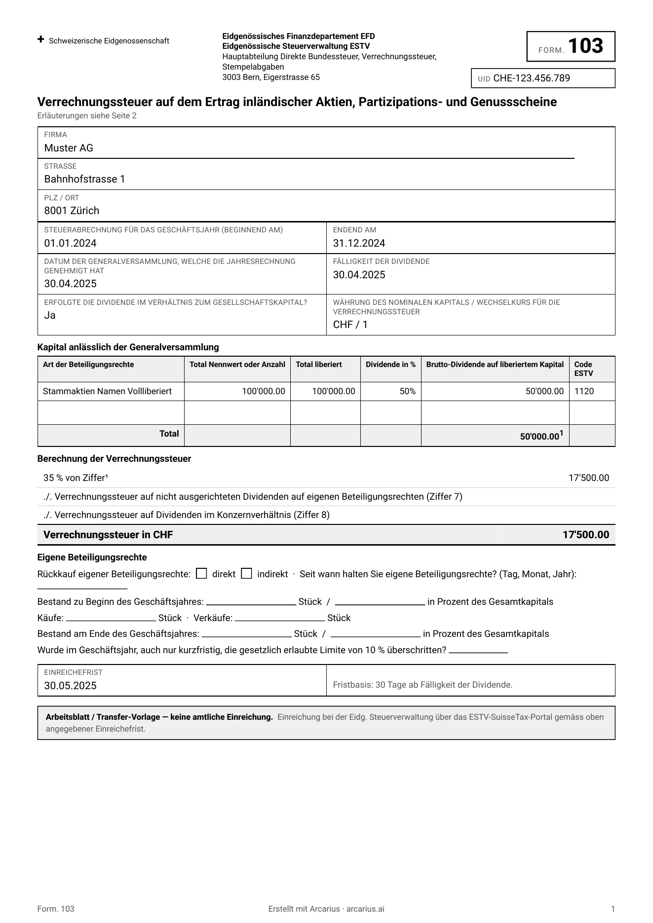 Vorbereitete VST-Deklaration als PDF im Aufbau des offiziellen Formulars 103