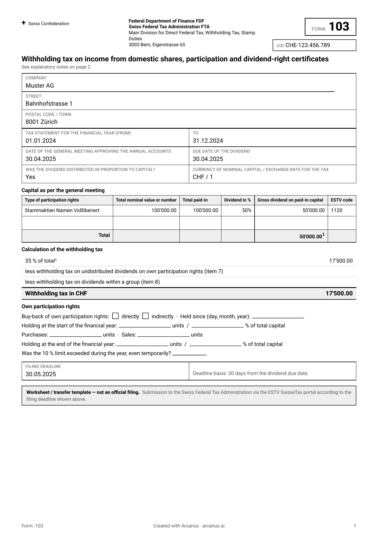 Prepared withholding tax declaration as a PDF in the layout of the official Form 103